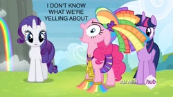 Size: 1280x720 | Tagged: safe, edit, edited screencap, imported from derpibooru, screencap, pinkie pie, rarity, twilight sparkle, alicorn, pony, rainbow falls, anchorman, caption, clothes, female, hub logo, loud noises, mare, meme, skirt, twilight sparkle (alicorn), yelling