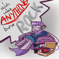 Size: 1000x1000 | Tagged: safe, artist:php52, imported from derpibooru, maud pie, beanbag chair, female, frank zappa, freak out!, headphones, record, record player, solo, speech bubble