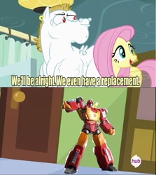 Size: 640x717 | Tagged: safe, edit, edited screencap, imported from derpibooru, screencap, bulk biceps, fluttershy, rainbow falls, exploitable meme, meme, replacement meme, rodimus prime, transformers