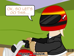 Size: 640x480 | Tagged: safe, artist:aha-mccoy, imported from derpibooru, oc, oc only, oc:jay aaron mclovin, earth pony, pony, helmet, male, motorcycle, motorcycle helmet, solo, speech bubble, stallion, vehicle, vroom vroom