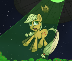 Size: 900x765 | Tagged: safe, artist:manicpanda, imported from derpibooru, applejack, alien, abduction, alien abduction, applejack's hat, cowboy hat, female, flailing, hat, solo, ufo