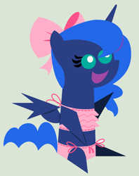 Size: 1024x1296 | Tagged: safe, artist:evilfrenzy, imported from derpibooru, princess luna, bra, clothes, crop top bra, female, panties, pink underwear, pointy ponies, ribbon, simple background, sitting, solo, underwear