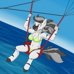 Size: 2000x2000 | Tagged: safe, artist:phallen1, imported from derpibooru, oc, oc only, oc:kinky beer, anthro, zebra, anthro oc, armpits, belly button, bikini, cleavage, clothes, female, flying, ocean, parachute, parasailing, solo, swimsuit