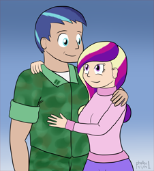 Size: 1827x2017 | Tagged: safe, artist:phallen1, imported from derpibooru, princess cadance, shining armor, human, camouflage, clothes, humanized, military uniform, sweater, turtleneck