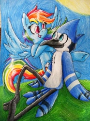 Size: 716x960 | Tagged: safe, artist:mordecairigbylover, imported from derpibooru, rainbow dash, crossover, crossover shipping, female, male, mordecai, mordedash, regular show, shipping, straight, traditional art