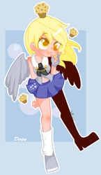 Size: 1000x1727 | Tagged: safe, artist:nm, imported from derpibooru, derpy hooves, human, belly button, clothes, cupcake, female, fingerless gloves, gloves, humanized, midriff, muffin, necktie, pixiv, skirt, socks, solo, winged humanization