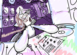 Size: 1500x1071 | Tagged: artist needed, source needed, safe, imported from derpibooru, twilight sparkle, unicorn, disc jockey, dj table, female, headphones, mare, messy, music, sketch, solo, speaker, turntable, unicorn twilight