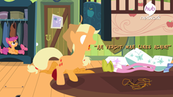 Size: 1215x685 | Tagged: safe, imported from derpibooru, applejack, scootaloo, somepony to watch over me, exploitable meme, meme, pun, under the bed, visual pun