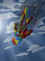 Size: 1440x1980 | Tagged: safe, artist:ardail, imported from derpibooru, rainbow dash, clothes, cosplay, falling, female, iron man, sky, solo, suit