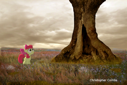 Size: 800x533 | Tagged: safe, artist:digitalpheonix, artist:myardius, imported from derpibooru, apple bloom, irl, photo, ponies in real life, solo, tree, vector