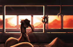 Size: 3045x1970 | Tagged: safe, artist:darkflame75, imported from derpibooru, applejack, earth pony, pony, backlighting, barn, dark, female, horse collar, mare, sitting, solo, sunset, yoke