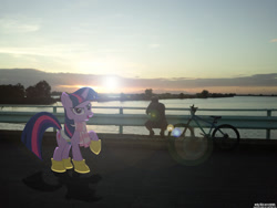 Size: 2560x1920 | Tagged: safe, artist:mrchezco1995, artist:zomgmad, imported from derpibooru, twilight sparkle, human, bicycle, boots, clothes, irl, irl human, lens flare, photo, ponies in real life, saddle, scarf, shadow, sunrise