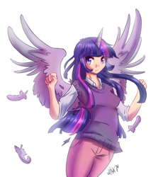 Size: 858x931 | Tagged: safe, artist:whitephox, imported from derpibooru, twilight sparkle, human, feather, female, horned humanization, humanized, simple background, solo, sweater vest, twilight sparkle (alicorn), winged humanization