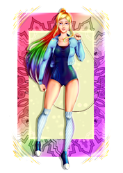 Size: 2480x3507 | Tagged: safe, artist:minamikoboyasy, imported from derpibooru, rainbow dash, human, clothes, converse, female, humanized, kneesocks, leotard, one-piece swimsuit, shoes, skintight clothes, socks, solo, striped socks, swimsuit