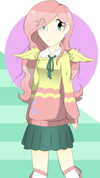 Size: 2322x4128 | Tagged: safe, artist:unicornicopian, imported from derpibooru, fluttershy, human, clothes, female, humanized, miniskirt, skirt, solo, sweater, sweatershy, thigh highs, winged humanization