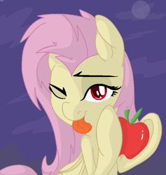 Size: 702x739 | Tagged: safe, artist:mostazathy, imported from derpibooru, fluttershy, apple, female, flutterbat, solo, wink