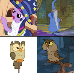 Size: 619x614 | Tagged: safe, imported from derpibooru, owlowiscious, star swirl the bearded, twilight sparkle, human, owl, pony, archimedes, archimedes (the sword in the stone), comparison, disney, magician, merlin, raised hoof, star swirl the bearded costume, the sword in the stone, wizard