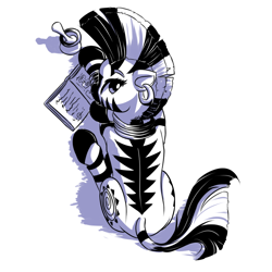 Size: 1000x1000 | Tagged: safe, artist:mykegreywolf, imported from derpibooru, zecora, zebra, back, book, female, high angle, looking back, lying down, monochrome, reading, solo, studying