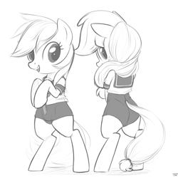 Size: 1600x1600 | Tagged: safe, artist:tex, imported from derpibooru, applejack, rainbow dash, pony, butt, clothes, cute, female, jackabetes, mare, monochrome, plot