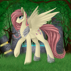 Size: 1500x1500 | Tagged: safe, artist:santagiera, imported from derpibooru, fluttershy, pegasus, pony, armor, female, grass, looking up, mare, outdoors, raised hoof, smiling, solo, standing, tree