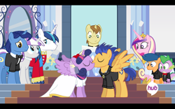 Size: 1280x800 | Tagged: safe, artist:dm29, imported from derpibooru, donut joe, first base, flash sentry, night light, princess cadance, shining armor, spike, twilight sparkle, twilight velvet, alicorn, pony, april fools, clothes, discussion in the comments, drama bait, dress, fake, female, flashlight, hub logo, kissing, male, mare, mirror, seems legit, shipping, sparkle family, spike's family, straight, suit, totally legit season 5 spoilers, twilight sparkle (alicorn), wedding, wedding dress