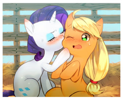 Size: 1062x864 | Tagged: safe, artist:hotomura, imported from derpibooru, applejack, rarity, earth pony, pony, unicorn, blushing, cute, eyes closed, female, freckles, kissing, lesbian, mare, open mouth, pixiv, rarijack, shipping, sitting, sweat, wink