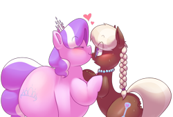 Size: 922x624 | Tagged: safe, artist:secretgoombaman12345, imported from derpibooru, diamond tiara, silver spoon, chocolate pony, food pony, original species, pony, bite mark, blushing, chocolate, chubby diamond, fat, food, glasses, imminent vore, implied butt bite, implied vore, licking, sweat, this will end in death, tongue out