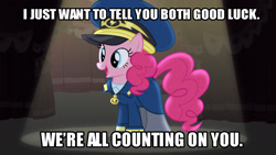 Size: 1920x1080 | Tagged: safe, imported from derpibooru, screencap, pinkie pie, earth pony, pony, testing testing 1-2-3, airplane!, caption, clothes, costume, female, hat, image macro, mare, meme, motivational, solo, uniform