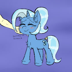 Size: 800x800 | Tagged: safe, artist:ichibangravity, imported from derpibooru, trixie, human, :t, alternate hairstyle, arm, blush sticker, blushing, chest fluff, chin scratch, cute, diatrixes, ear fluff, eyes closed, fluffy, hand, petting, ponytail, simple background, smiling, solo focus, tail wrap