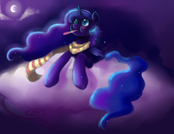 Size: 1024x791 | Tagged: safe, artist:katurkeyg, imported from derpibooru, princess luna, blushing, clothes, cloud, cloudy, female, scarf, solo