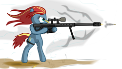 Size: 9226x5211 | Tagged: safe, artist:fallingcomets, imported from derpibooru, oc, oc only, oc:spectrum slash, earth pony, pony, absurd resolution, bipedal, bullet, cutie mark, female, gun, hooves, mare, optical sight, rifle, shooting, simple background, sniper rifle, solo, transparent background, vector, weapon