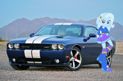 Size: 1280x850 | Tagged: safe, artist:bronynel, edit, imported from derpibooru, trixie, equestria girls, car, dodge (car), dodge challenger, dodge challenger srt8 392, irl, looking at you, photo, solo