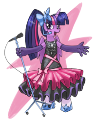 Size: 740x940 | Tagged: safe, artist:needsmoarg4, imported from derpibooru, twilight sparkle, anthro, clothes, dress, female, simple background, singing, solo, twilight sparkle (alicorn), white background