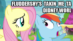 Size: 600x336 | Tagged: safe, imported from derpibooru, screencap, amethyst star, fluttershy, rainbow dash, sparkler, trade ya, caption, derp, didney worl, image macro, meme