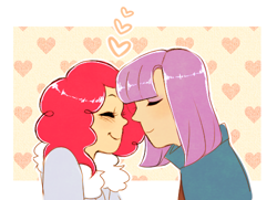 Size: 500x362 | Tagged: safe, artist:mimimonlon, imported from derpibooru, maud pie, pinkie pie, human, cute, duo, eyes closed, heart, humanized, nuzzling, pie sisters, profile