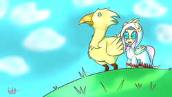 Size: 2560x1440 | Tagged: safe, artist:wolfy-pony, imported from derpibooru, fluttershy, chocobo, crossover, final fantasy, white mage