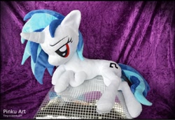 Size: 960x659 | Tagged: safe, artist:pinkuart, imported from derpibooru, dj pon-3, vinyl scratch, pony, custom, customized toy, handmade, irl, lying, minky, photo, plushie, prone, seductive, shoulder pony