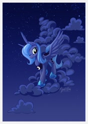 Size: 955x1351 | Tagged: safe, artist:mysticalpha, imported from derpibooru, princess luna, alicorn, pony, cloud, cloudy, female, mare, night, s1 luna, sky, smiling, solo, spread wings