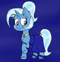 Size: 800x820 | Tagged: safe, artist:ichibangravity, imported from derpibooru, trixie, pony, unicorn, alternate hairstyle, blushing, chest fluff, clothes, dress, ear fluff, female, mare, necklace, ponytail, raised hoof, shoes, solo, tail ring, unshorn fetlocks