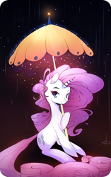 Size: 1196x1900 | Tagged: dead source, safe, artist:inkytophat, imported from derpibooru, rarity, pony, unicorn, female, long tail, rain, sitting, solo, umbrella