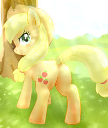 Size: 800x948 | Tagged: safe, artist:coldbest, imported from derpibooru, applejack, blushing, butt, dock, female, looking at you, looking back, pixiv, plot, solo, tree