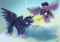 Size: 900x636 | Tagged: dead source, safe, artist:mistydash, imported from derpibooru, princess luna, twilight sparkle, alicorn, pony, dialogue, female, flying, luna is not amused, mare, morning, tired, twilight sparkle (alicorn), unamused