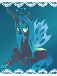 Size: 774x1032 | Tagged: safe, artist:nyako-shoyu, imported from derpibooru, queen chrysalis, changeling, changeling queen, crown, female, jewelry, regalia, solo