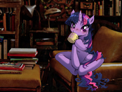 Size: 1024x768 | Tagged: safe, artist:buttercupsaiyan, imported from derpibooru, twilight sparkle, anatomically incorrect, blushing, book, coffee, cup, drinking, female, flexible, hoof hold, incorrect leg anatomy, looking at you, mug, sitting, solo, spread legs