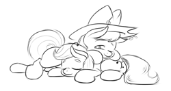 Size: 1280x682 | Tagged: safe, artist:zilof, imported from derpibooru, beauty brass, fiddlesticks, apple family member, cuddling, cute, eyes closed, female, fiddlebrass, hat, lesbian, monochrome, prone, shipping, sleeping, smiling, snuggling, wink