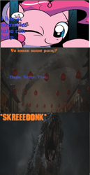 Size: 672x1304 | Tagged: safe, idw, imported from derpibooru, pinkie pie, kaiju, godzilla, godzilla (series), godzilla 2014, legendary pictures, roar, skreeonk, updated