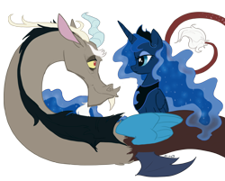 Size: 4168x3356 | Tagged: safe, artist:precosiouschild, imported from derpibooru, discord, princess luna, eye contact, female, lunacord, male, shipping, simple background, straight