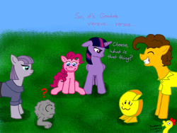 Size: 800x600 | Tagged: safe, artist:crazynutbob, imported from derpibooru, boneless, boneless 2, cheese sandwich, maud pie, pinkie pie, twilight sparkle, alicorn, earth pony, geodude, pony, :3, c:, cheese, cheese wheel, confused, dialogue, eyes closed, female, fight, floppy ears, frown, grin, lidded eyes, male, mare, outdoors, pokémon, pokémon battle, question mark, smiling, squee, stallion, text, twilight sparkle (alicorn), wat, wide eyes