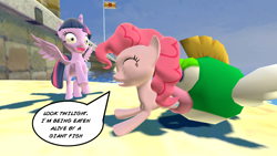 Size: 1280x720 | Tagged: artist needed, safe, imported from derpibooru, pinkie pie, twilight sparkle, alicorn, pony, 3d, deep-cheep, del fino airstrip, female, fetish, freak out, gmod, isle delfino, mare, pinkie prey, super mario bros., super mario sunshine, twilight sparkle (alicorn), vore