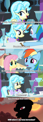 Size: 711x2000 | Tagged: safe, imported from derpibooru, screencap, fluttershy, olden pony, rainbow dash, sleepless in ponyville, trade ya, horseshoes, rusty horseshoe, screencap comic